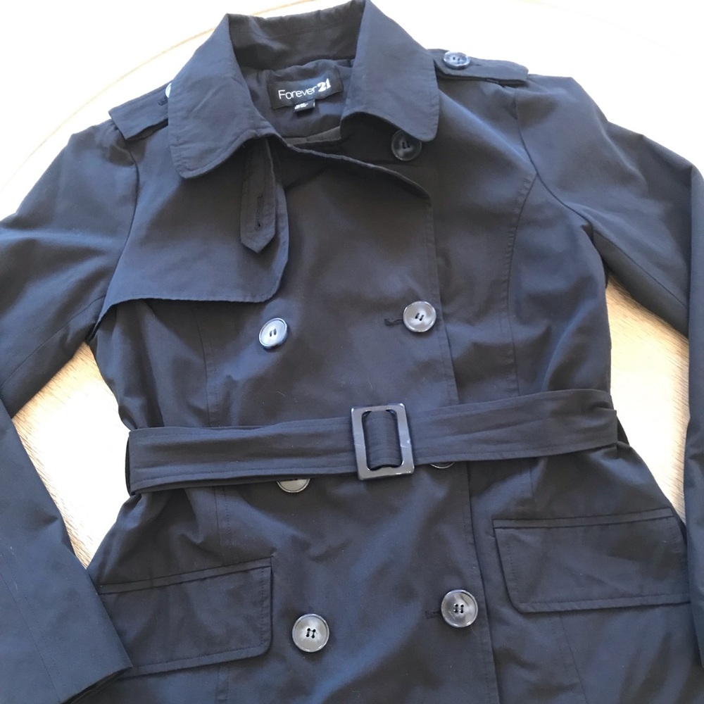 Navy Poplin Double Breasted Trench Coat Jacket - Picture 12 of 12